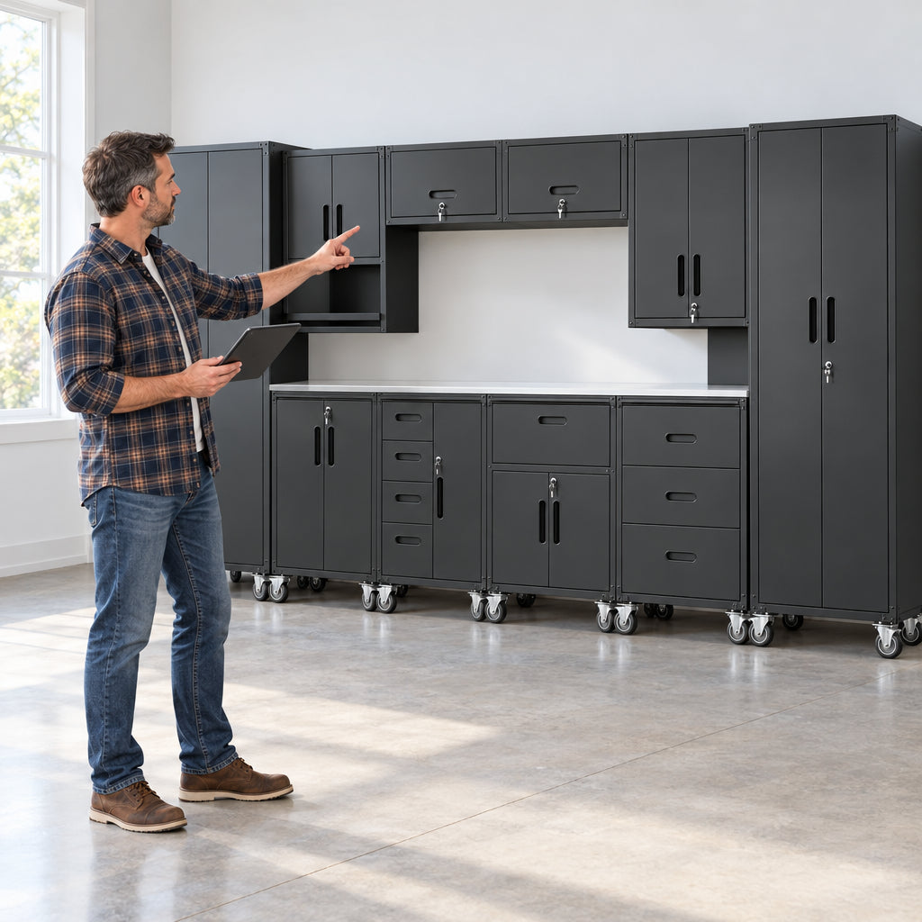 10-Piece Heavy Duty Steel Garage, man holds a tablet in one hand and gestures toward the cabinets with the other