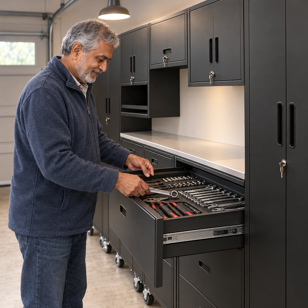 10-Piece Heavy Duty Steel Garage, older man places a hand tool into an open drawer of the cabinet system, garage
