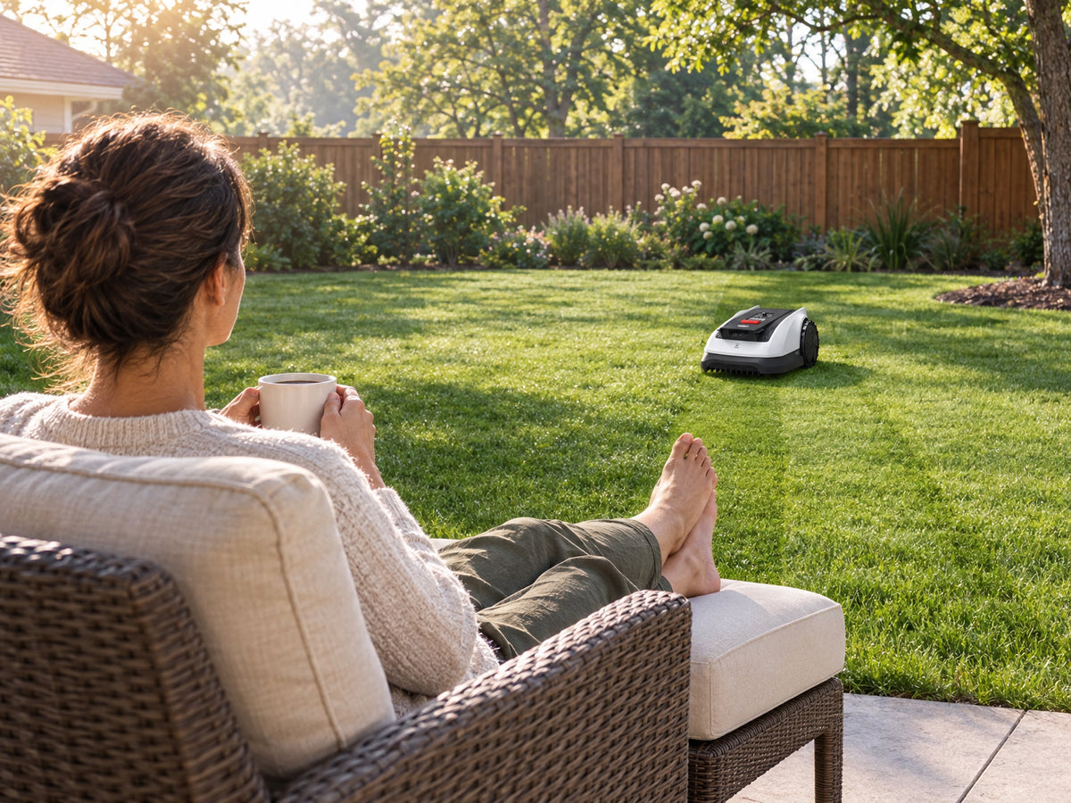 Ecovacs Goat O1000 RTK Robot, sitting in a patio chair with coffee, feet up, watching the mower work