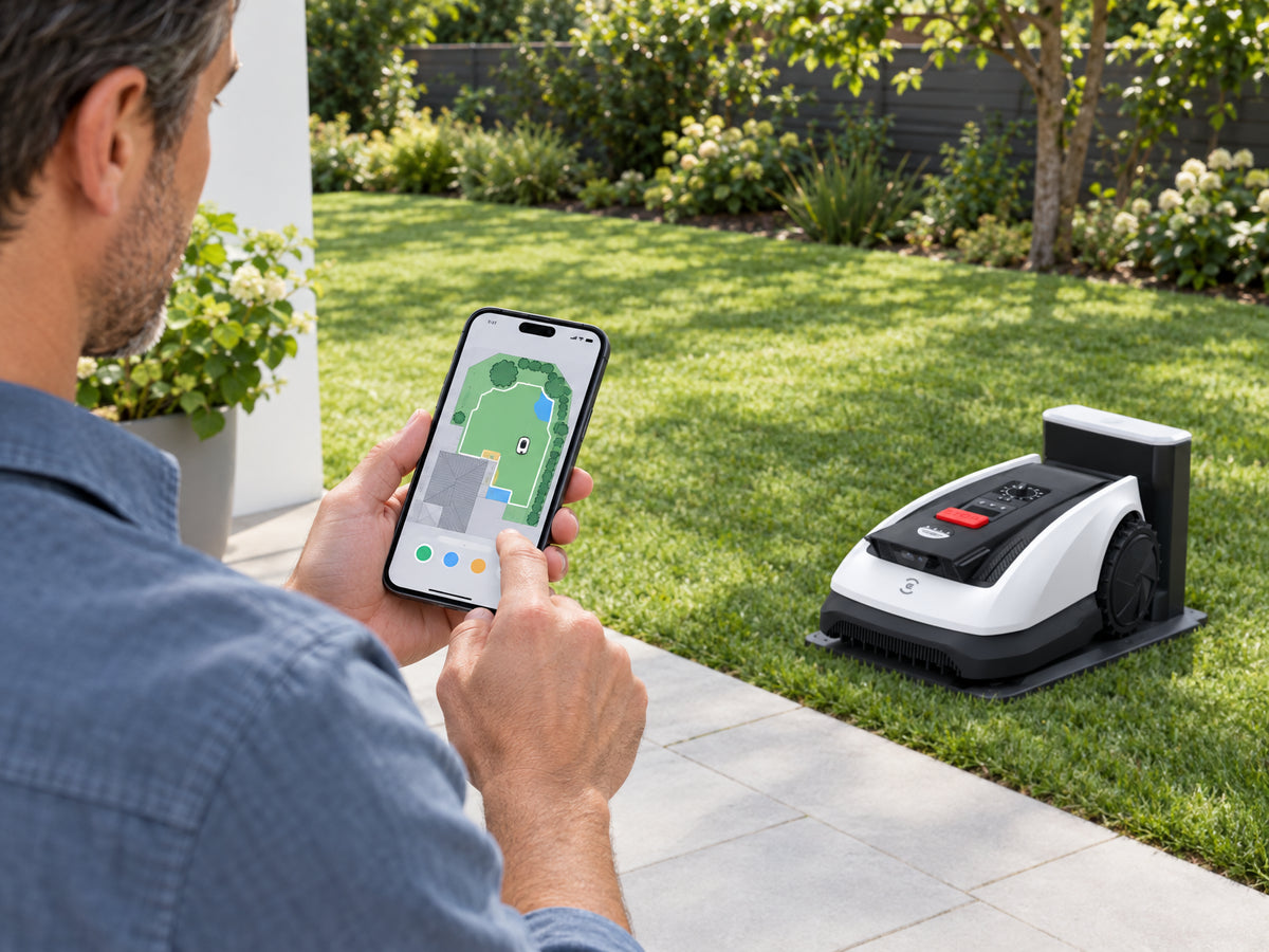 Ecovacs Goat O1000 RTK Robot, tapping through a yard-map screen on a smartphone while standing at the edge of the lawn