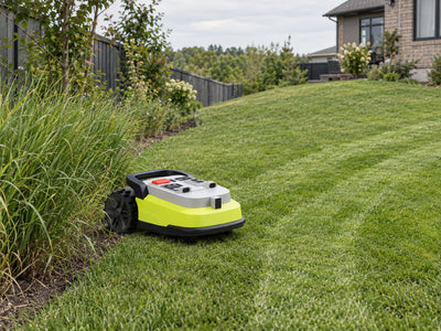 Robot Lawn Mower, Morning, bright sun, high summer, large open lawn with gentle slope