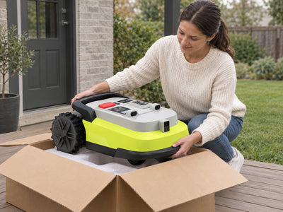 Robot Lawn Mower, a person unpacking or carefully checking it in its natural room, calm uncluttered surroundings