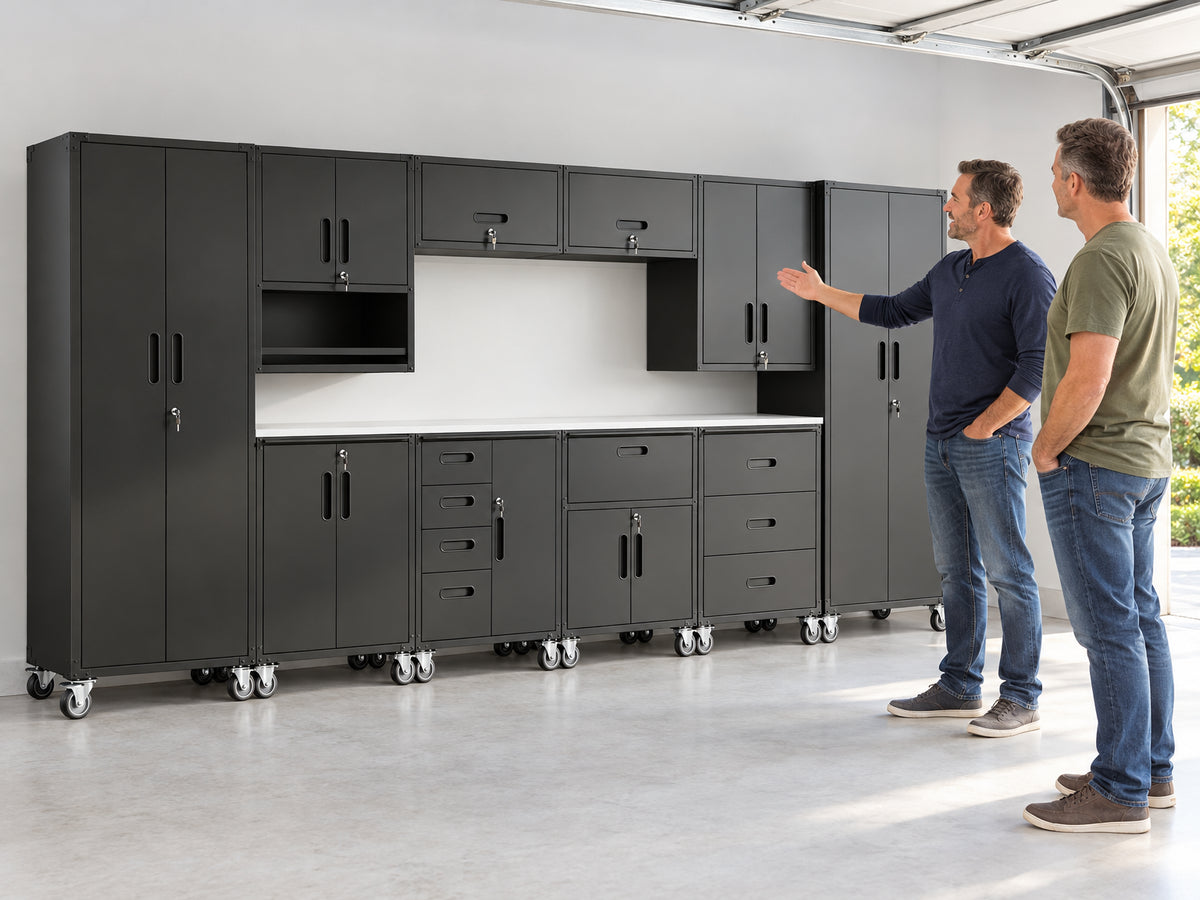 10-Piece Heavy Duty Steel Garage, two men stand talking, one gesturing toward the closed cabinet doors