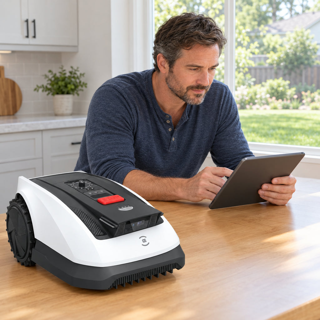 Ecovacs Goat O1000 RTK Robot, leaning forward at a kitchen table, studying a tablet screen with focused attention