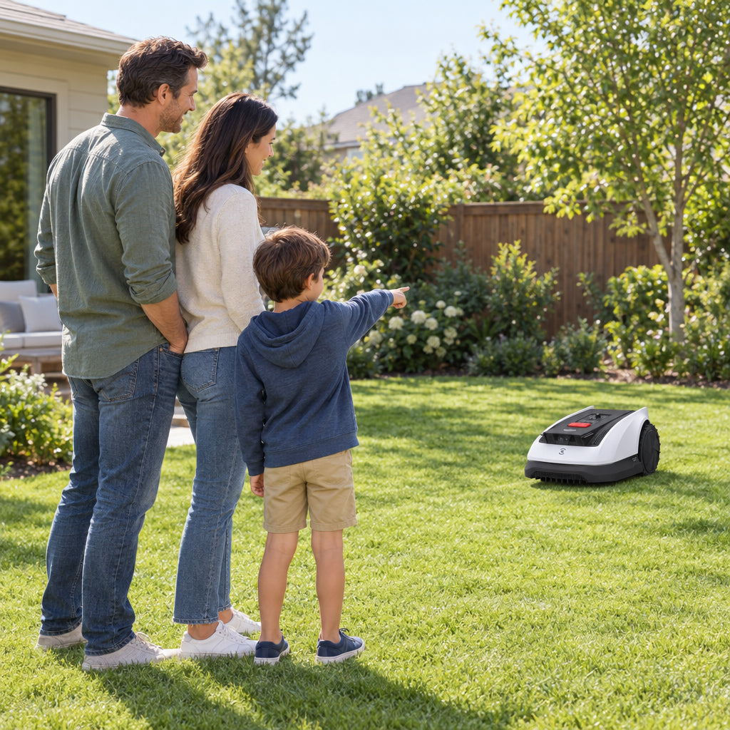 Ecovacs Goat O1000 RTK Robot, standing together on the lawn watching the robot mower track a straight line