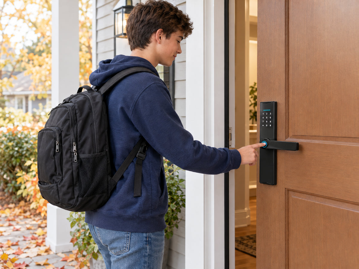 Laiye Biometric Fingerprint Smart Door, teenager arriving home from school, finger to reader, door opening effortlessly